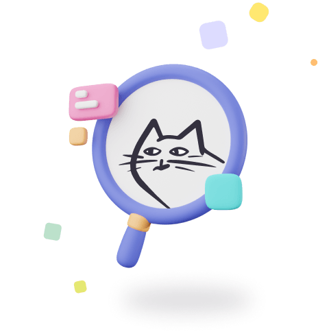 An illustration of a cat looking through a magnifying glass