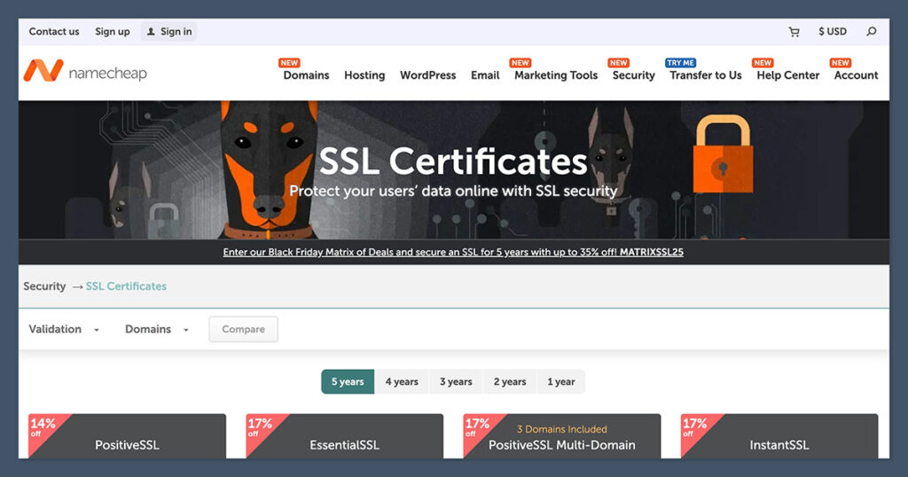 Página inicial da NamecheapSSL