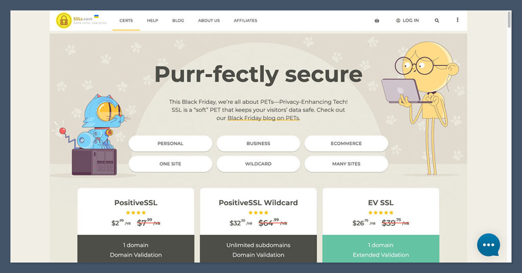 Página inicial da SSLs.com