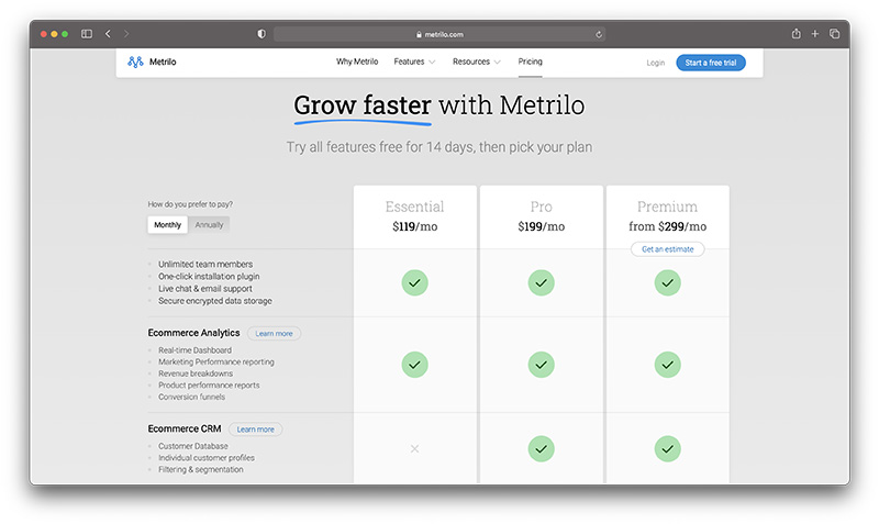 tarification metrilo crm - shopify CRM pour le commerce électronique