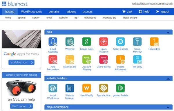 ecommerce hosting - bluehost dashboard
