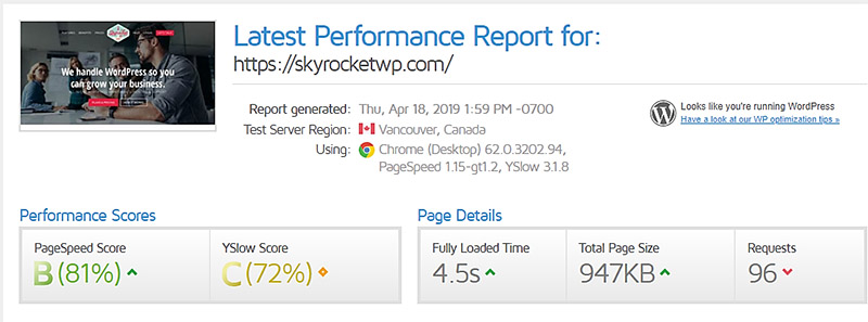 SkyRocketWP - kinsta hosting performance