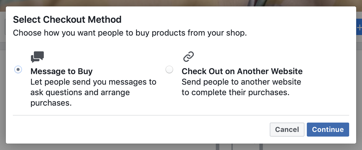 Facebook store: checkout method