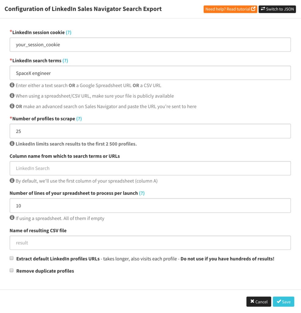 Screenshot of LinkedIn Sales Navigator Search Export API Configuration