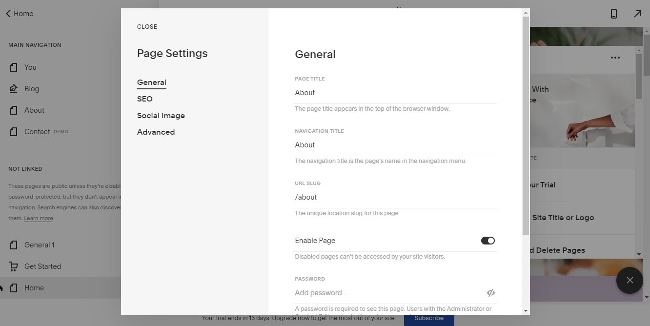 squarespace page settings