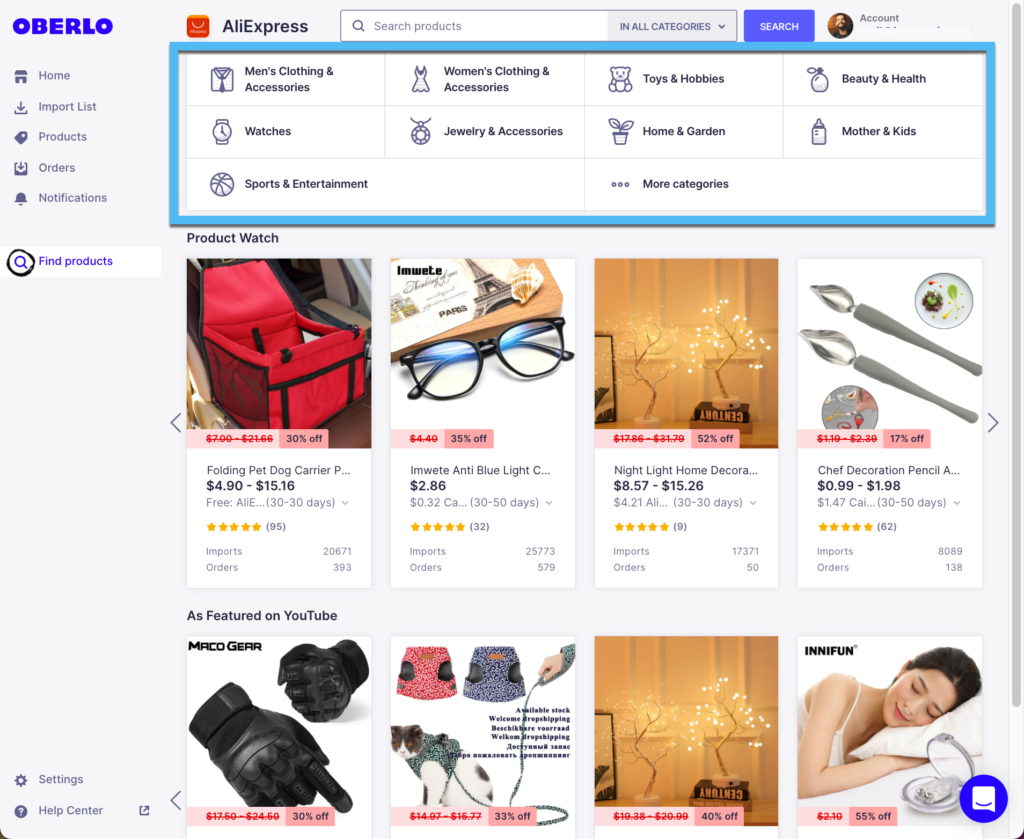 the filters on Oberlo - how to start a dropshipping business