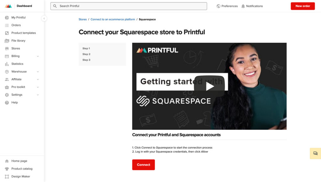 connect squarespace with printful