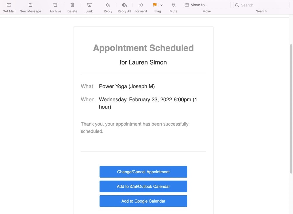 appointment confirmation email from Squarespace scheduling