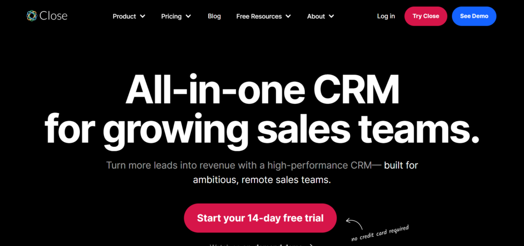 Close CRM homepage