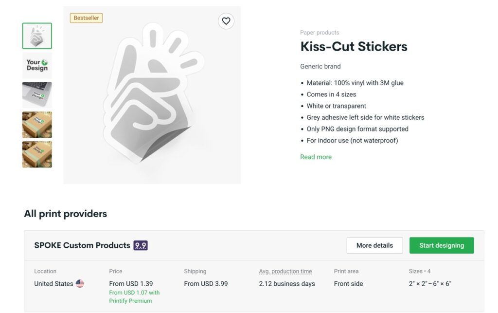 Printify pricing for kiss cut stickers