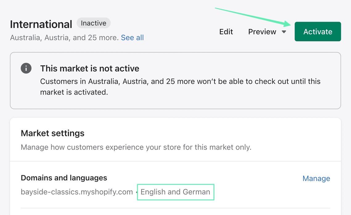 activate the language on Shopify 