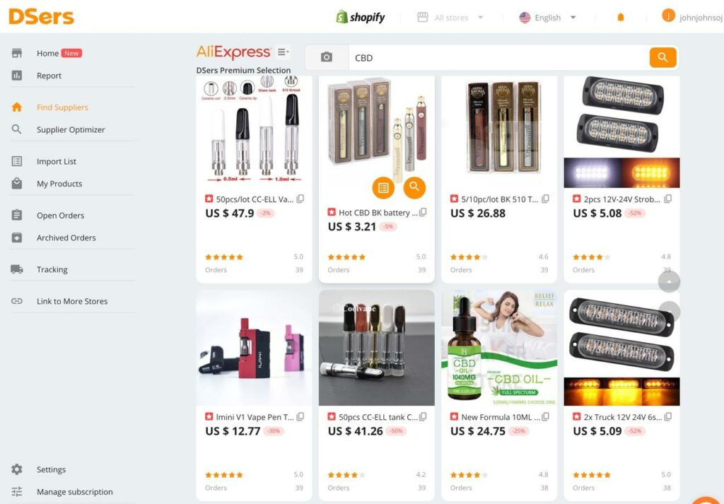 DSers search for AliExpress CBD products 