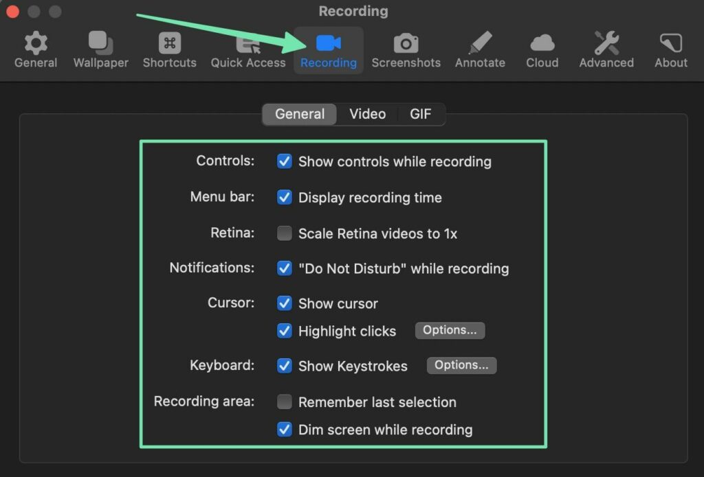 changing recording settings