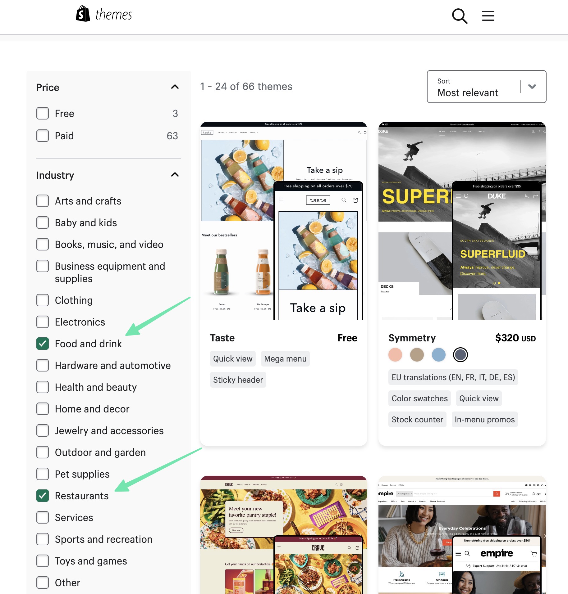 filter to Shopify for restaurants themes 