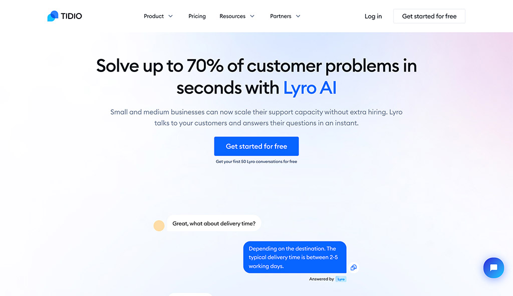 Lyro homepage - tidio review