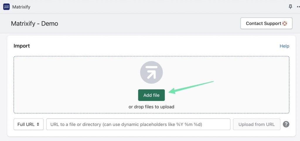 Add file button to migrate from Big Cartel to Shopify. 