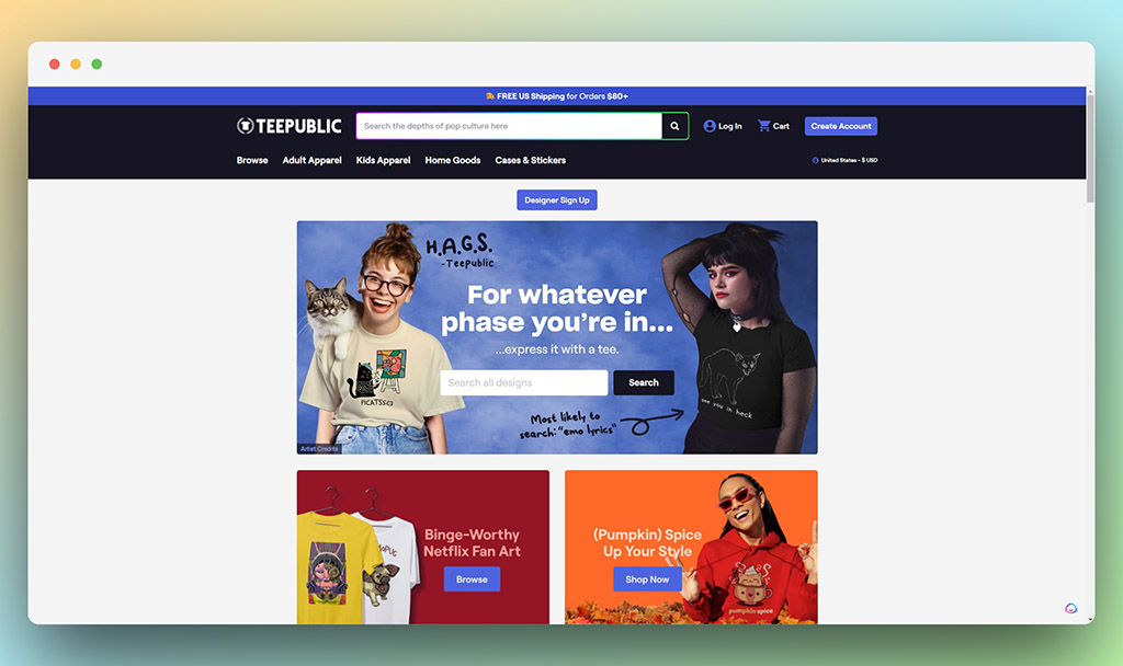 Teepublic homepage - Teepublic vs Teespring