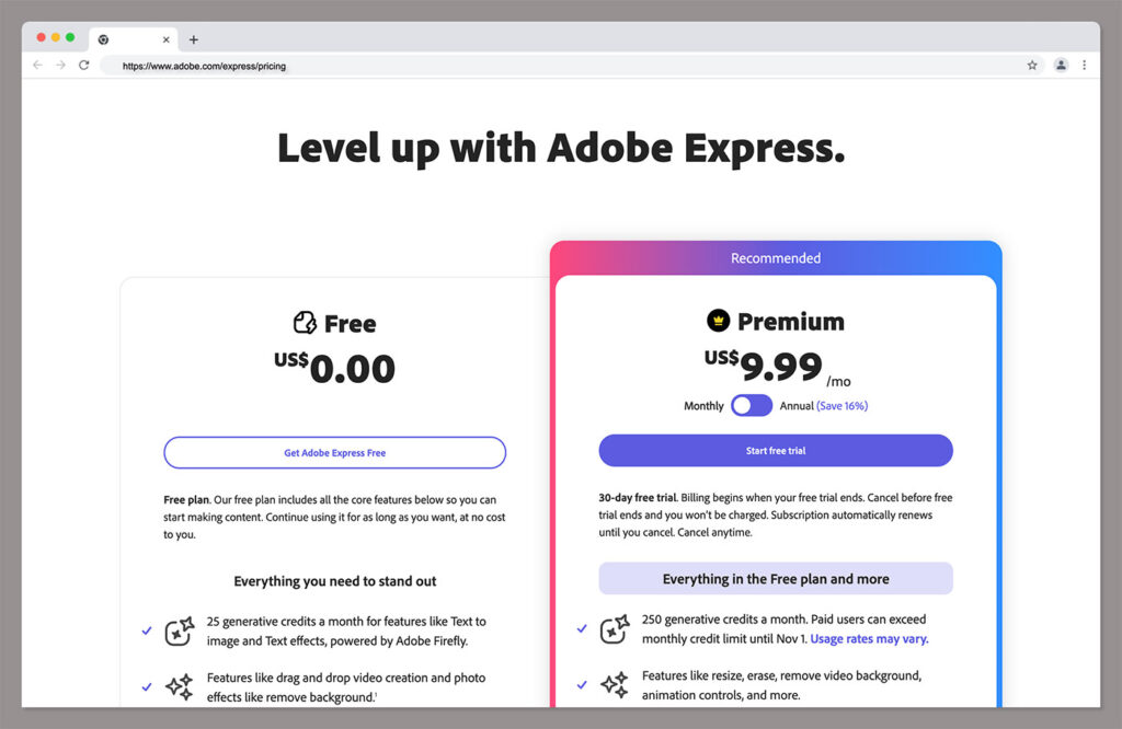 adobe express pricing - canva vs adobe express
