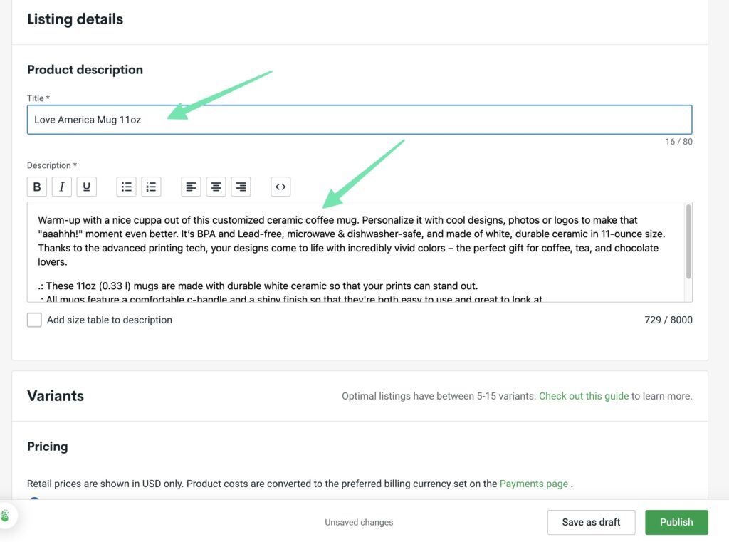 setting product details in Printify