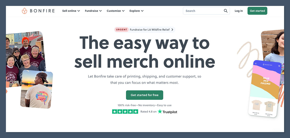 Bonfire homepage showing its merchandise selling platform