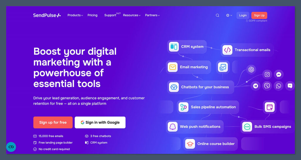 Página de inicio de SendPulse
