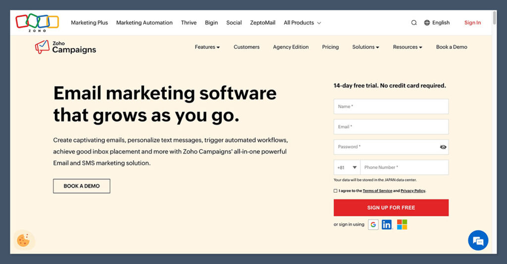 Zoho Campaigns Homepage