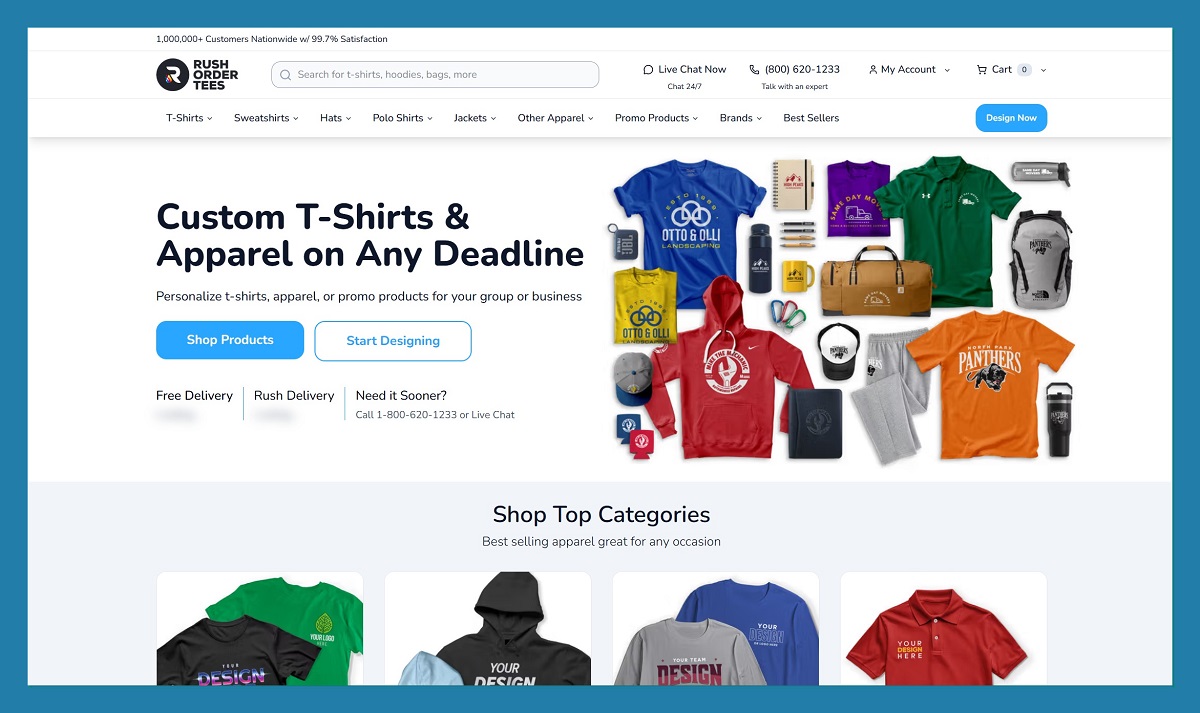 RushOrderTees homepage showing custom shirts and apparel
