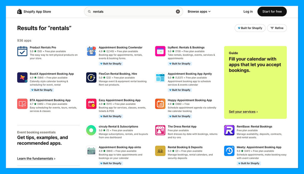shopify rentals apps